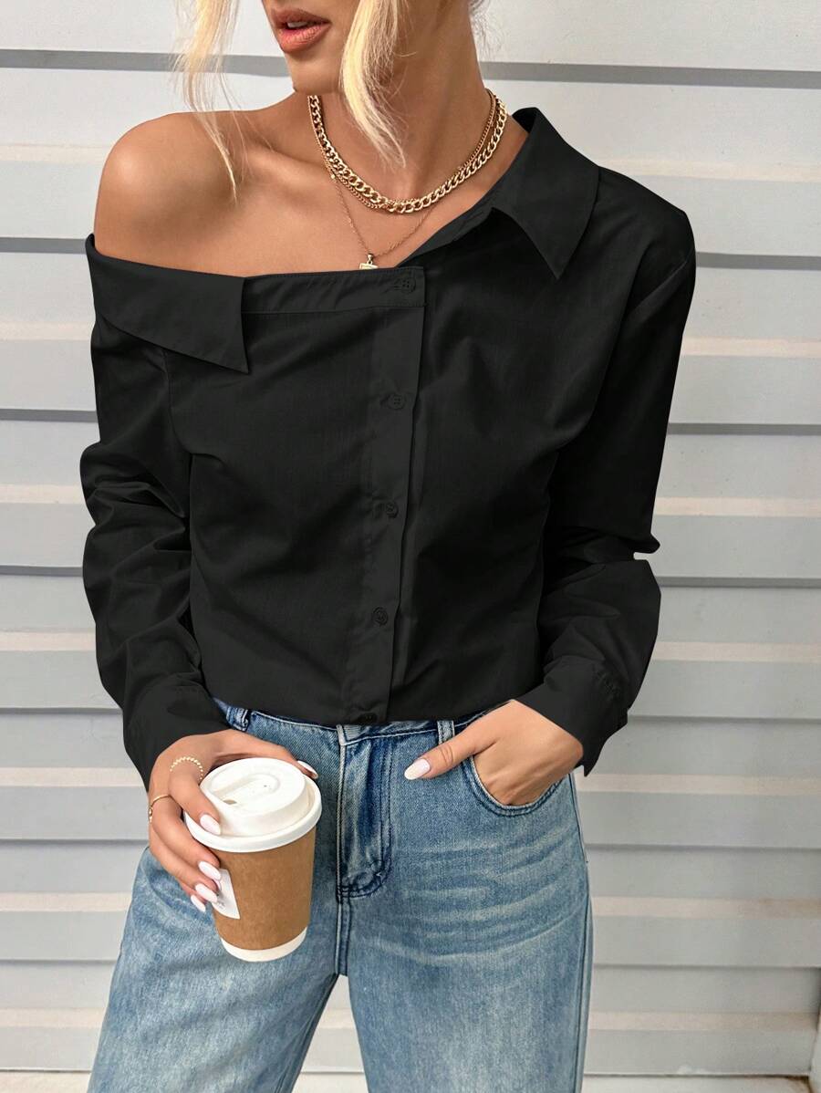 SHEIN Essnce Button Down Blouse Navy Blue Shirt Off The Shoulder Shirt Teacher Shirt Long Sleeve Shirt Light Blue Shirt Fall Shirts Back To School Shirts Collared Women Shirt Women's Striped Open Shoulder Buttoned Shirt - Black - View 1
