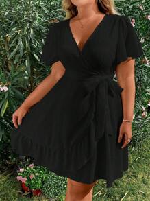 Sunnyshic Plus Size Deep V-Neck Flutter Sleeve Belted Dress Vacation Beach Outfits Women