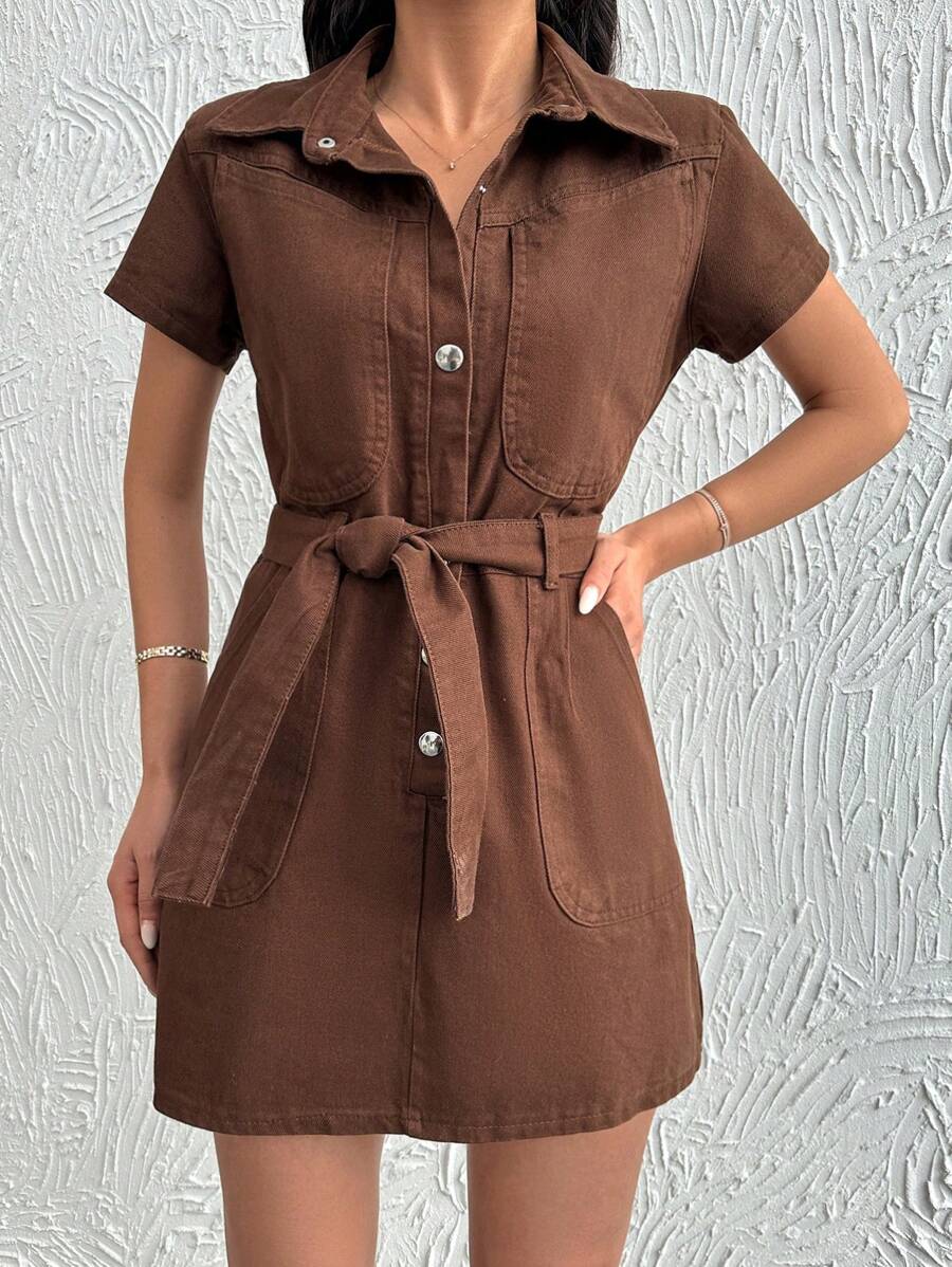 EURMUSE Solid Color Front Button Denim Dress - Brown - View 1