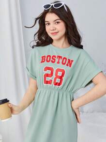 SHEIN Vestido de mangas cortas de punto con cuello redondo, estampado de carta, hombros caídos y cintura ajustada para chica adolescente