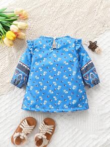 Vintage Floral Print Ruffled Hem Dress For Baby Girl - Blue - View 2