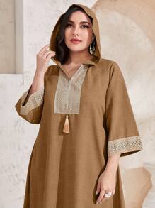 Al Najma Plus Size Hooded Patchwork Knitwear Dress Kaftan Jalabiya Dress - Khaki - View 6