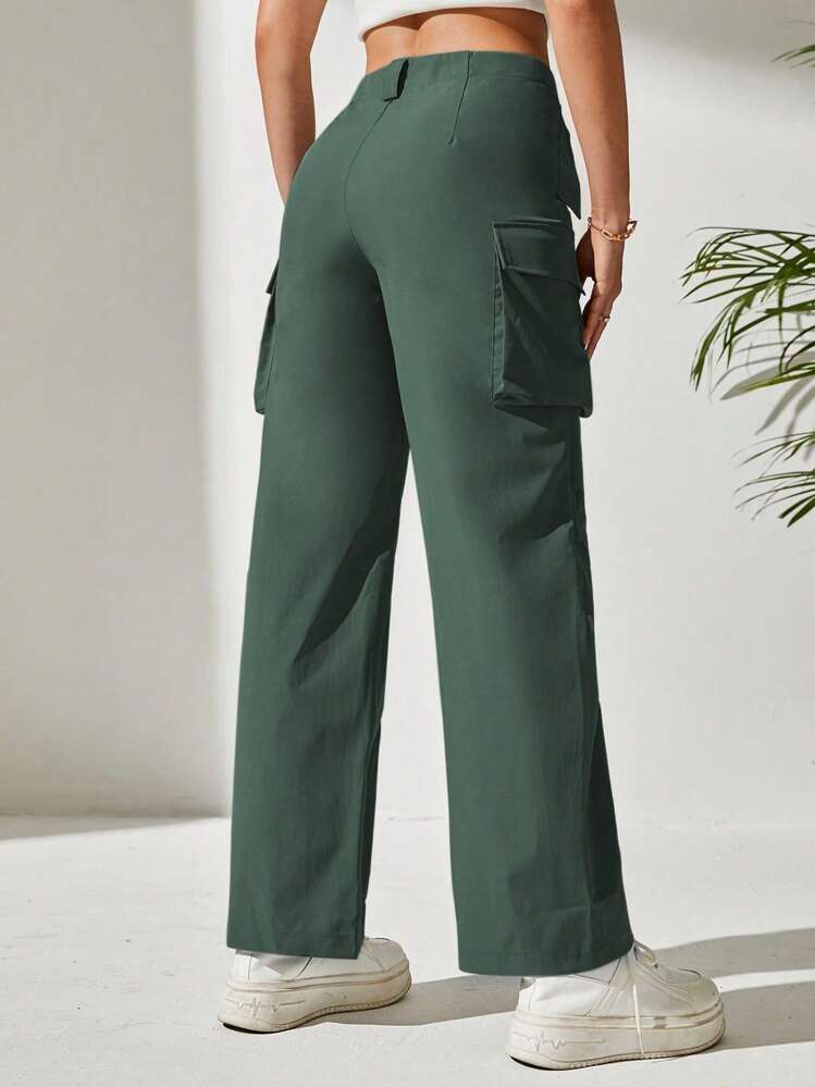 SHEIN PETITE Solid Flap Pocket Cargo Black Pants - Green - View 2