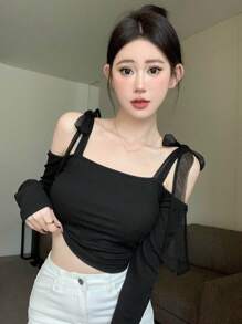 Dazy Designer 女士露肩设计长袖T恤，时尚感十足，除夕夜，露肩上衣，返校服，秋季女装 - 黑色 - 查看 3