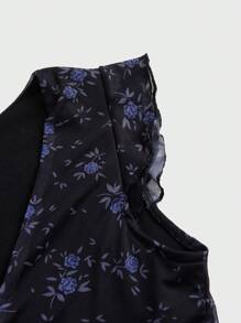ROMWE Goth Floral Print Contrast Lace Tie Front Mesh Top - Black - View 3