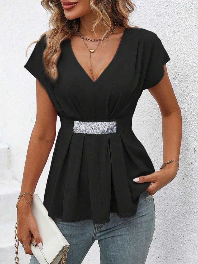 Women's Sparkly Batwing Sleeve Shirt With Waistband Cutout Detail