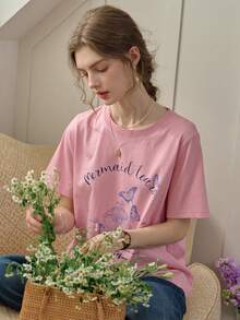 Simple Retro 1pc Women Butterfly & Letter Print Casual T-Shirt - Pink - View 3
