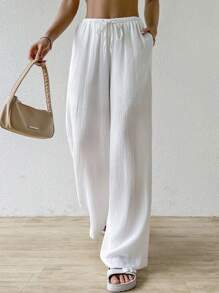 SHEIN EZwear Pantalones largos de mujer de unicolor con nudo a la cintura