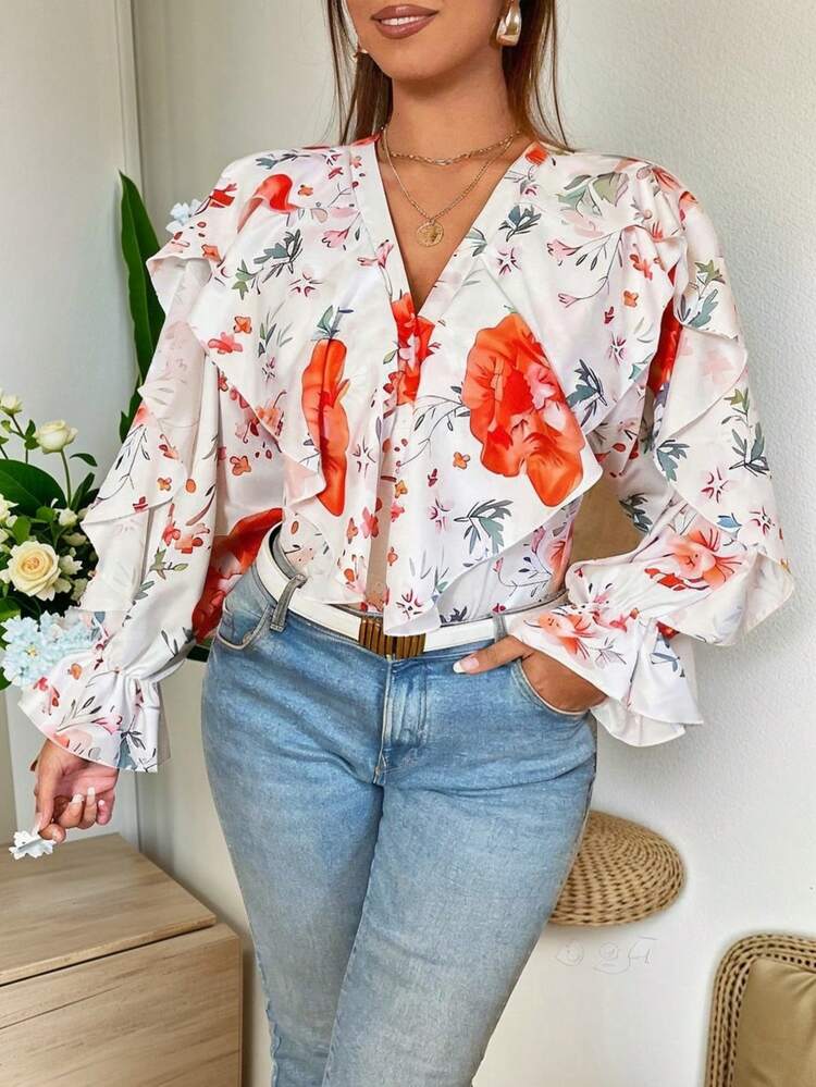 Plus Size Women's Floral Print Ruffle Trim Button Front Shirt With Long Sleeves