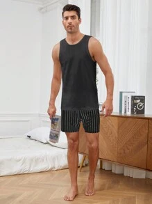 Snug Zone 男士針織休閒背心和條紋短褲家居服套裝 - 深灰色 - 查看 5