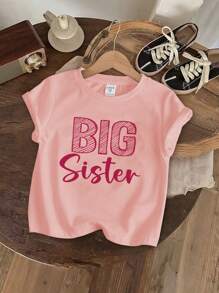 SHEIN Tween Girl Áo thun ngắn tay in chữ đơn giản giản dị, mùa hè - Hồng - Xem 2