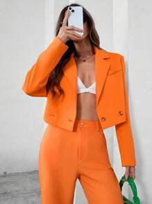 SHEIN BIZwear Của phụ nữ Màu thuần Cổ bẻ Tay áo dài Áo vest Áo khoác - trái cam - Xem 5