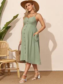 SHEIN Maternity & Nursing Front Button Texture Double Pocket Cami Dress - Mint Green - View 4