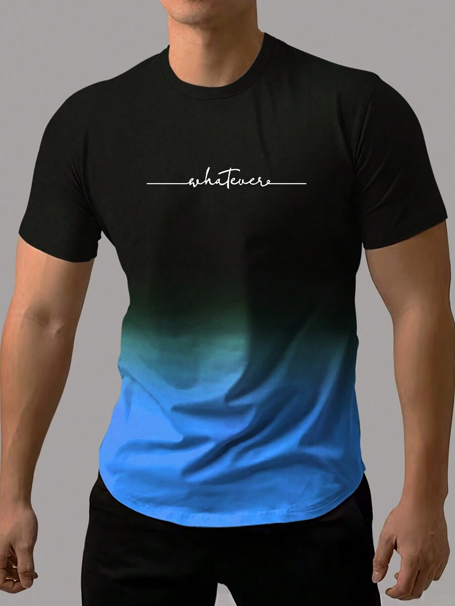 Manfinity Homme 男士漸層字母印花t恤 - 藍色 - 查看 1