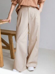 DAZY Women's Solid Color Pleated And Loose Suit Trousers,Women Dress Pants - Beige - View 12