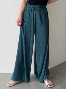 FRIFUL Solid Color Casual Pleated Wide Leg Pants Flowy Pants - Blue - View 3