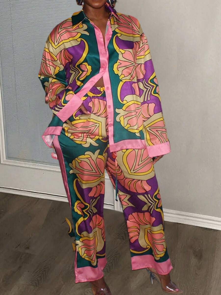 Slaydiva 两件套女士优雅性感印花睡衣，适合情人节、音乐节、假日约会、偶像崇拜等场合，包含连衣裙/上衣和裤子。 - 彩色 - 查看 1