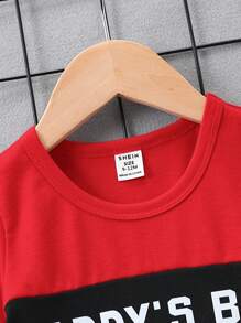 Baby Boy Letter Print Short Sleeve Top And Color Blocking Shorts