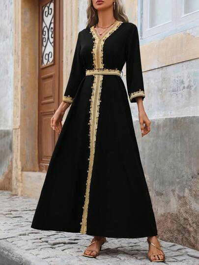 SHEIN Unity Women's V-Neck Long Patchwork Belted Dress, Modest Kaftan