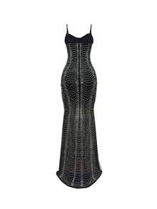 Solid Color Mesh Rhinestone Decor Strap Dress - Black - View 4