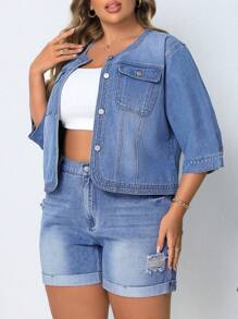 SHEIN Privé Kích thước lớn Của phụ nữ Vòng cổ Bảy Tay áo Áo khoác denim - Rửa nhẹ - Xem 4