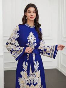 Al Najma Women's Abstract Print Stand Collar Long Sleeve Belted Dress - Multicolor - View 7