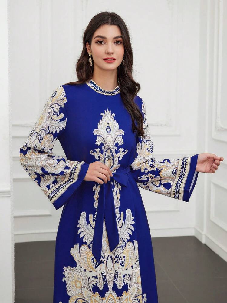 Women's Abstract Print Stand Collar Long Sleeve Belted Dress