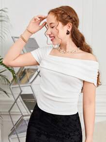 SHEIN Girlism 少女针织罗纹不对称领褶饰休闲 T 恤 - 白色 - 查看 5