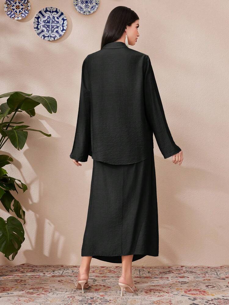 Solid Colored Strapless Dress With Cinching Waist And Button Down Shirt