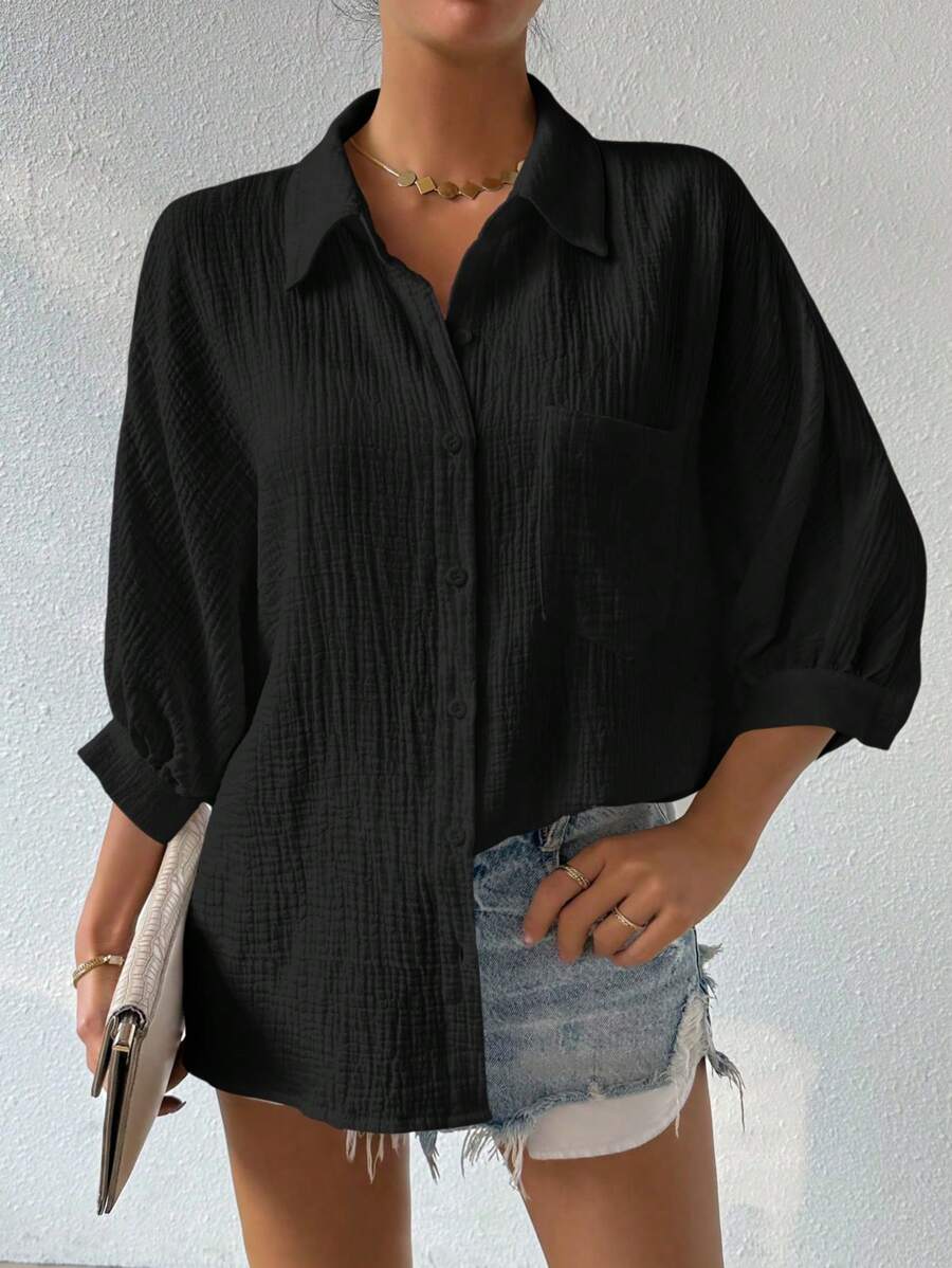 Calvaya Camisa De Manga Larga Abotonada unicolor Con Textura - Negro - Ver 1