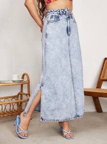 Breezaya Summer Split Side Asymmetrical Waist Denim Skirt - Medium Wash - View 5