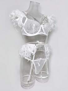 Floral Lace Underwire Garter Lingerie Set - White - View 3