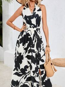 Aveloria Rückenfreies Neckholder Kleid mit Pflanzen Muster