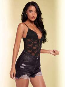 SHEIN BAE 中空花邊拼接交叉綁帶開背無袖連體衣 - 黑色 - 查看 5