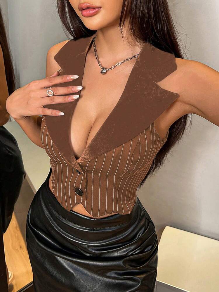 Women's Sleeveless Striped Printed Fashion Tank Top With Suit Collar