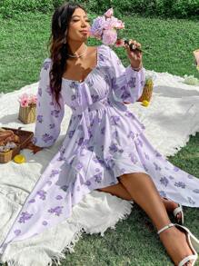 SHEIN SunnyBelle Plus Size Floral Printed Lantern Sleeve Dress With Sweetheart Neckline - Mauve Purple - View 7