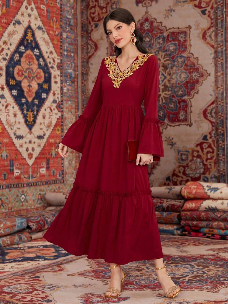 Burgundy Red Women's Embroidered Neckline, Lotus Flap Hem Dress Long Evening Dresses Fall Cloth For Women