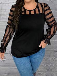 SHEIN Unity 女士加大码透视网眼撞色上衣 - 黑色 - 查看 5