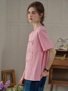 Simple Retro 1pc Women Butterfly & Letter Print Casual T-Shirt - Pink - View 5
