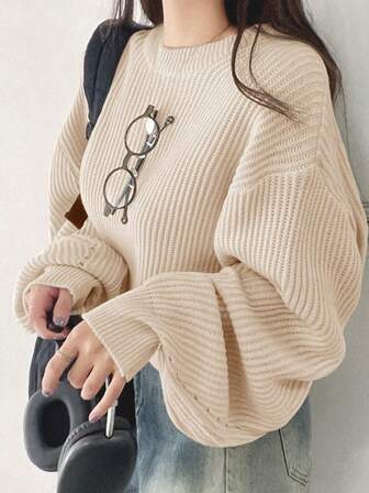 1pc Women's Solid Color Loose Drop Shoulder Crew Neck Sweater