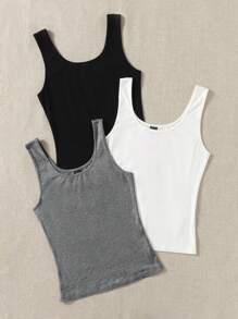 SHEIN EZwear 夏季服裝3入組實色背心上衣，外出裝 - 深灰色 - 查看 4