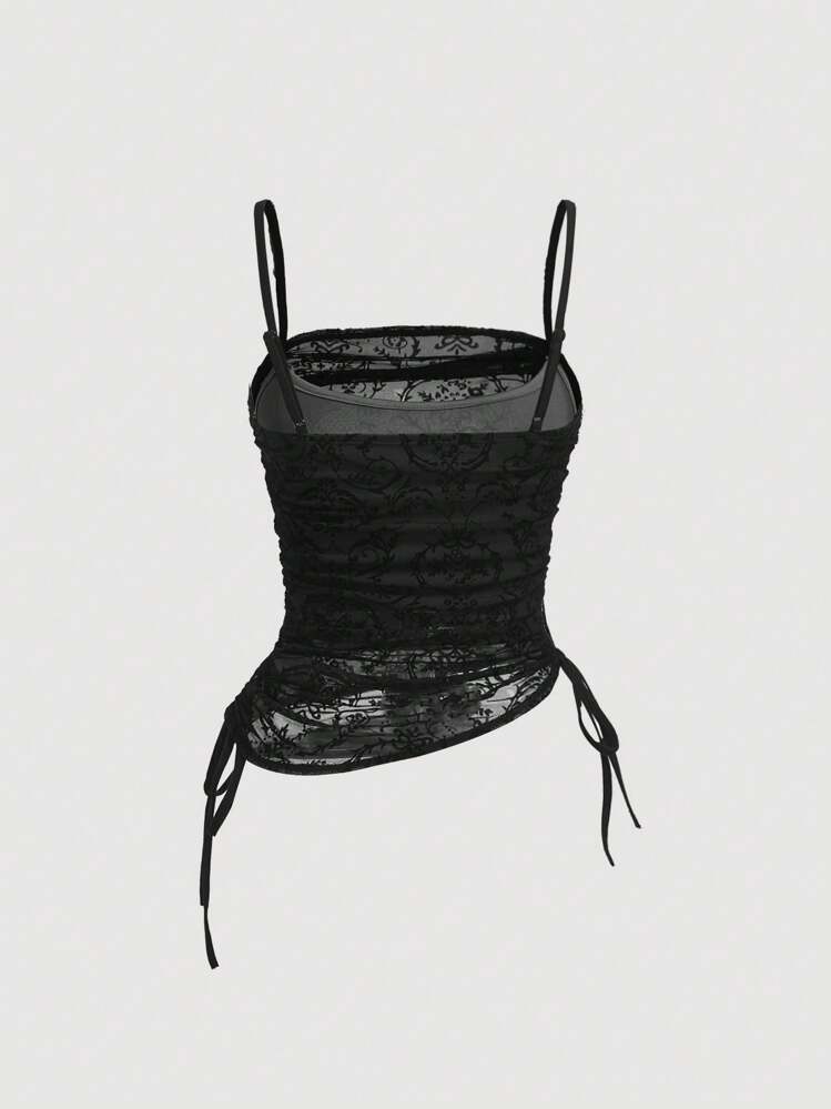 SHEIN MOD Top De Tirantes Y Tank Con Pliegues Y Cordón Para Mujeres - Negro - Añade 2