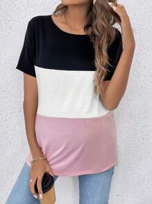 SHEIN Young Maternity Casual Round Neck Short Sleeve Color Block Long T-Shirt - Multicolor - View 3