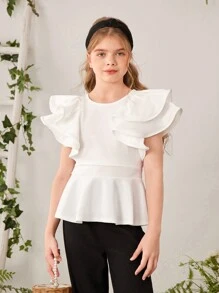 SHEIN Tween Girl Elegant And Stylish Round Neck Plain T-Shirt With Pleated Ruffle Hem Detail - White - View 7
