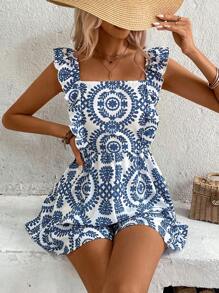 SHEIN Frenchy 女士度假热带花卉印花扭褶后背荷叶边连体衣 - 藍色 - 查看 6