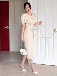 DAZY Women's Puff Sleeve Belted Dress Sundress - Beige - View 3