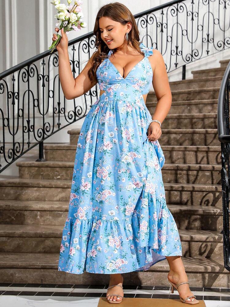 Plus Size Women's Backless Floral Print Ruffle Hem Dress