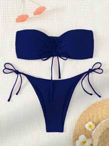 SHEIN Swim 纯色前结无线比基尼套装，抹胸式两件套泳衣泳装沙滩装夏季度假，夏季海滩 - 藏蓝色 - 查看 3