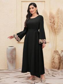 Al Najma Women's Embroidered Flare Sleeve A-Line Dress, Modest - Black - View 7