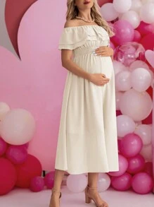 SHEIN Solid Color Maternity Off-Shoulder Ruffled Edge High Waist Dress - Apricot - View 6